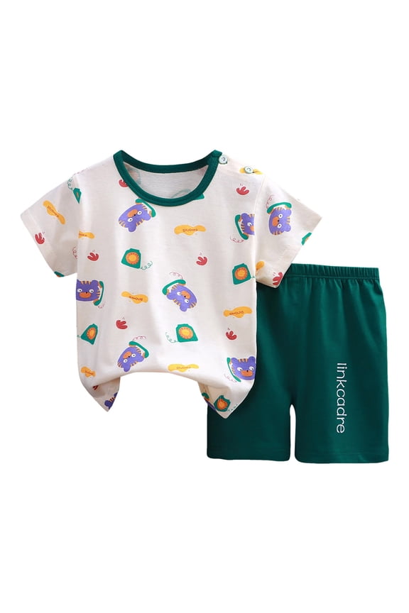 Toddler Boy Pajamas Sleepwear Set Cartoon Crew Neck Tee Shorts 2-3 Y 3-4 Y 4-5 Y Premium Cotton Tagless Design Beach Vacation Machine Washable (6-12 Months,Dark Green)