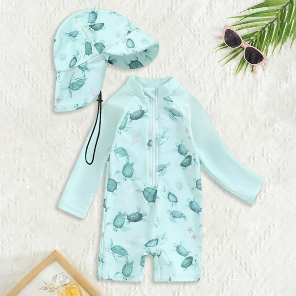 Toddler Boy Rash Guard Swimsuit Long Sleeve Swimwear Sunsuit Bathing Suit Beachwear Long Sleeve Sea Animals Cartoon Print Bathing Suit Light Green 0-3 Months