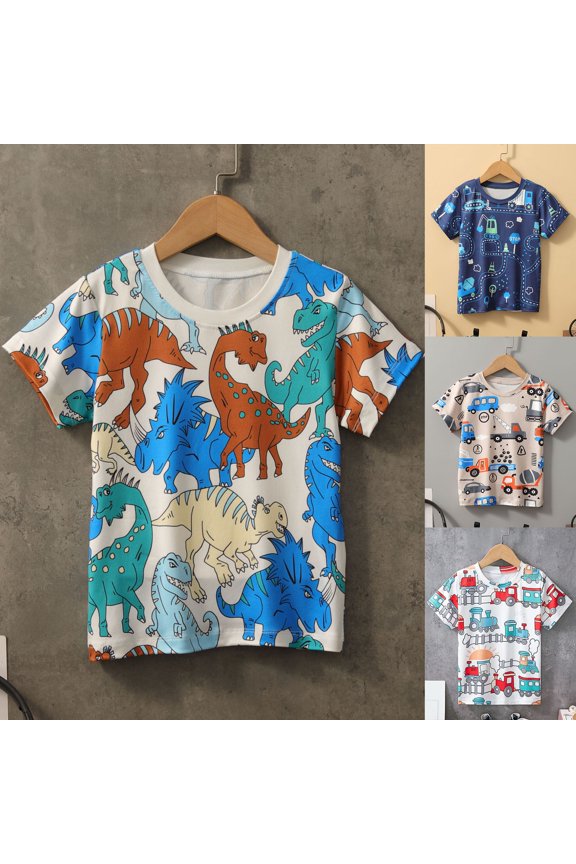 Toddler Boy Shirts Kids Cartoon Dinosaur Print Short Sleeve Crew Neck Top Skin Friendly Loose Fit for Daily Casual Boys Clothes