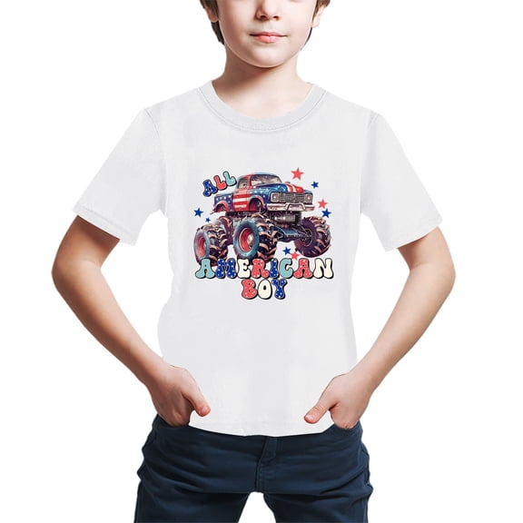 Toddler Boy Shirts Short Sleeved T Shirt Independence Day Truck Print Summer New Casual Tops,Size 8 Years-9 Years