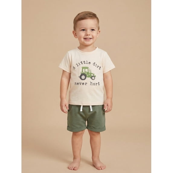 Toddler Boy Shorts Set Letter Tractor Print Short Sleeve Round Neck T-Shirt with Solid Shorts 2Pcs Outfit
