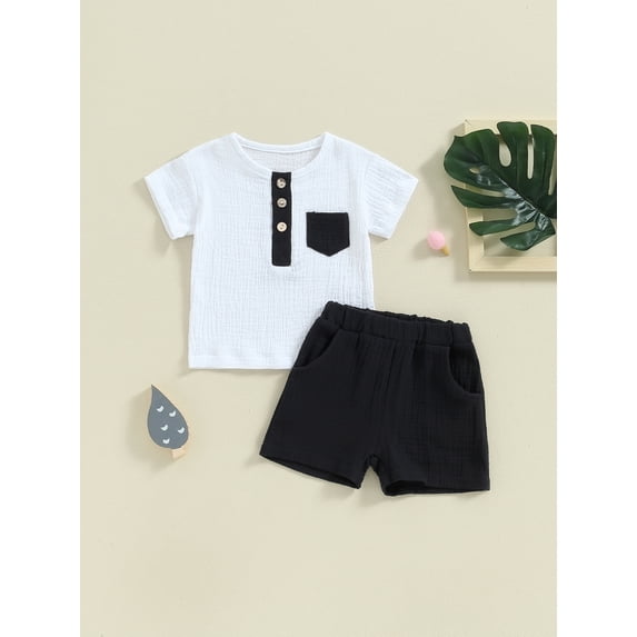 Toddler Boy Shorts Set Short Sleeve Round Neck Pocket Button T-Shirt with Shorts 2Pcs Summer Outfit