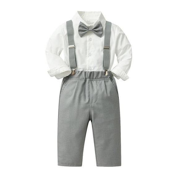 Toddler Boy Suit Bowtie Dress Shirt + Suspender Pants + Bowtie 3 Pieces Gentleman Wedding Outfit First Birthday Boy Outfit for Boys 12-18 Months