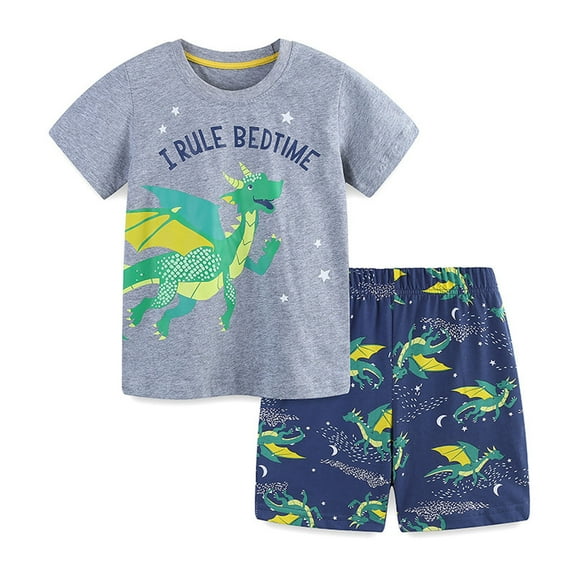 Toddler Boy Summer Clothes Crew Neck Cartoon Dinosaur Print Shirt Top Pants Fashion Boys Outfits,Grey,4-5 Years