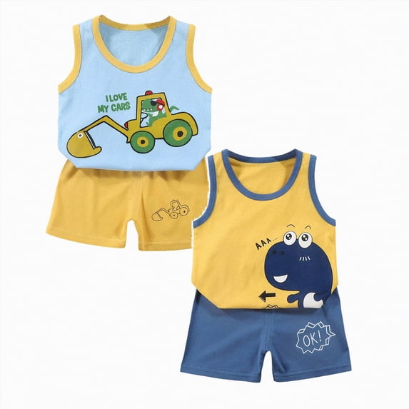 Toddler Boy Summer Clothes Sets Kids Boys Outfit Sets, Sleeveless Cotton Summer Shirts and Shorts Set Blue Size 0-6 T