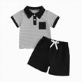 thumbnail image 1 of Toddler Boy Summer Clothes Striped Short Sleeve Button Shirt Tops Solid Shorts Set 2Pcs Casual Outfit with Pockets,Black, 1 of 6