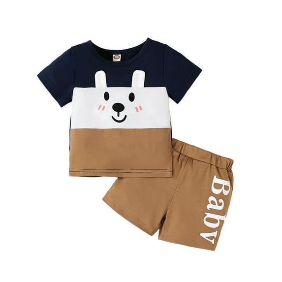 Toddler Boy Summer Clothes Summer Children's Fashion Splicing Design Cartoon Prints Short Sleeve and Shorts 2 Piece Set Boy Outfits Coffee 12 Months-18 Months