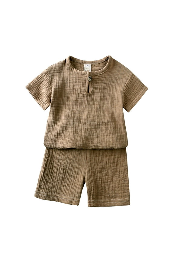 Toddler Boy Summer Clothes Toddler Kids Summer Solid Color Pullover Short Sleeve Sweatshirt T Shirt and Shorts Set Bundle Deal Baby Outfits Boy Brown 2 Years-3 Years