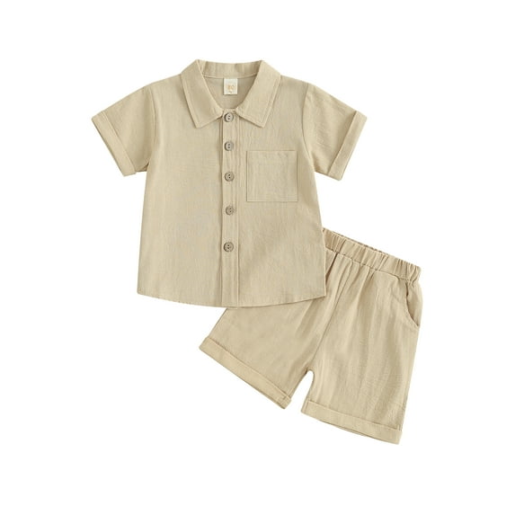 Toddler Boy Summer Cotton Linen Outfits Solid Color Short Sleeve Button Down Shirt Tops with Shorts