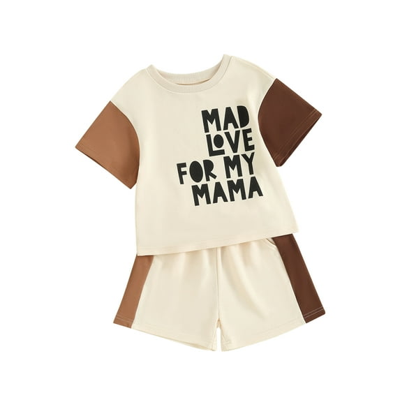 Toddler Boy Summer Letter Print Short Sleeve T-Shirt with Elastic Waist Contrast Color Shorts 2Pcs Outfit