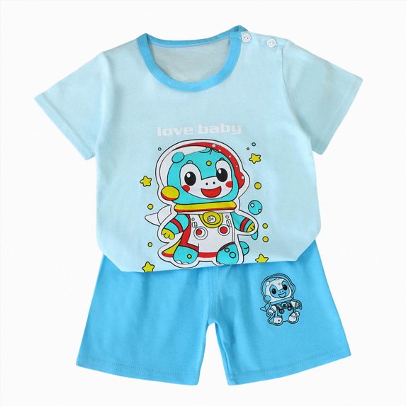 Toddler Boy Summer Outfit Set 2 Piece Short Sleeve And Short Sets Cartoon Printed Crewneck Breathable Clothing Light Blue 5-6 Years