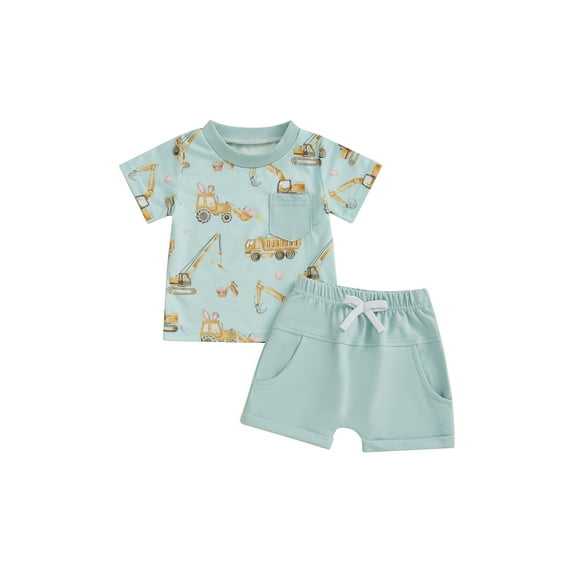 Toddler Boy Summer Outfits 6 12 18 24 Months 2T 3T 4T Excavator Print Round Neck Short Sleeve Tops with Elastic Waist Shorts Clothes Set