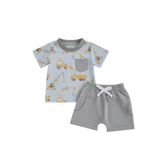 Toddler Boy Summer Outfits 6 12 18 24 Months 2T 3T 4T Excavator Print Round Neck Short Sleeve Tops with Elastic Waist Shorts Clothes Set