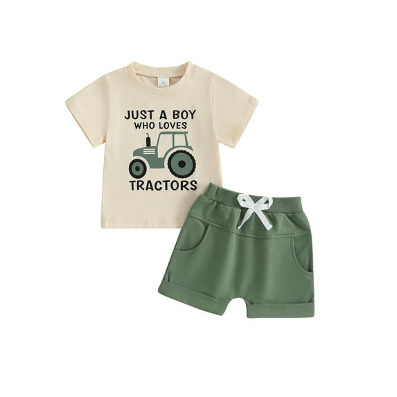 Toddler Boy Summer Outfits 6 12 18 24 Months 2T 3T 4T Tractor Letter Print Round Neck Short Sleeve Tops with Solid Shorts Baby Boys Clothes Set