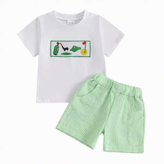 Toddler Boy Summer Outfits Baby Boy Embroidery Print Short Sleeves T-Shirt Plaid Shorts Set Boy Clothes Set