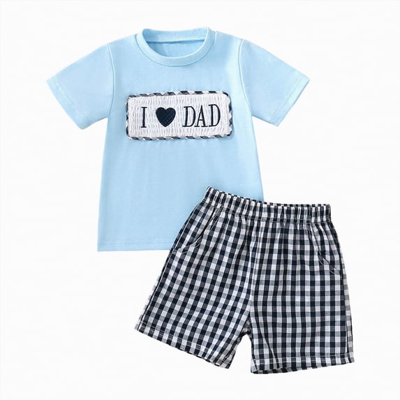 Toddler Boy Summer Outfits Baby Boy Embroidery Print Short Sleeves T-Shirt Plaid Shorts Set Boy Clothes Set