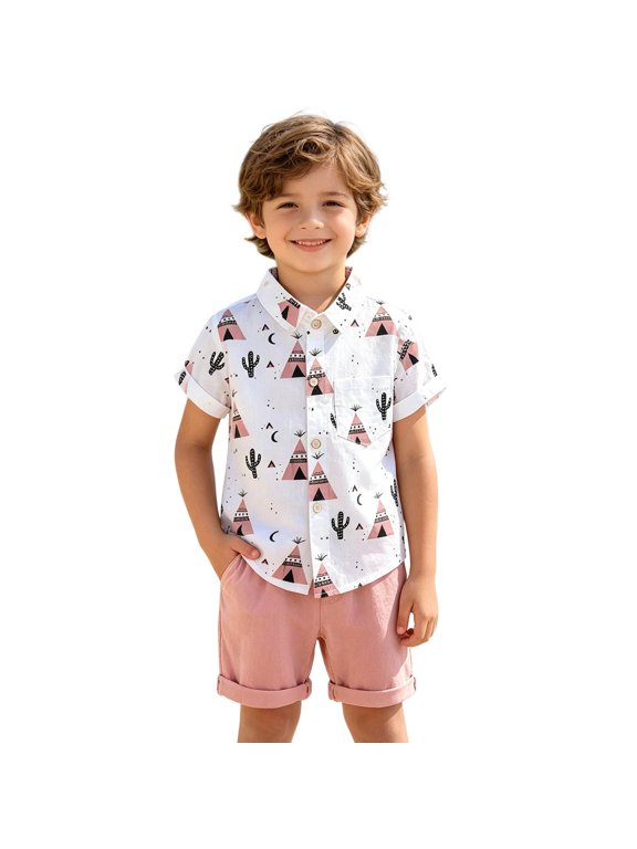 Toddler Boy Summer Outfits Cactus Desert Print Outdoor Holiday Top And Shorts Bottom Set Athletic Casual Outfit Kids Boys Clothes Size 3-4T