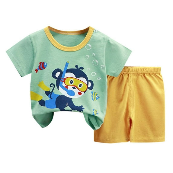 Toddler Boy Summer Outfits Crew Neck Short Sleeve Cartoon T-Shirt and Elastic Shorts Toddler Boy Clothes 18-24 Months Boys Clothes