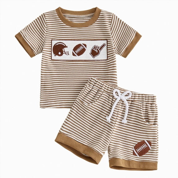 Toddler Boy Summer Outfits Short Sleeve Striped Baseball/Golf/Football Embroidery Tops And Shorts Set Brown 3-4 Years