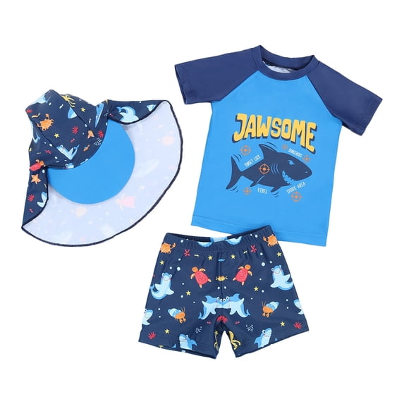 Toddler Boy Summer Swimsuit Kids Water Sport Short Swimsuit Beach Tops And Shorts Hats 3 Pieces Holiday Bathing Suits Clothing Sets,Size 2 Years-3 Years