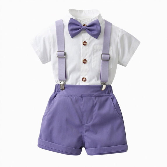 Toddler Boy Summer Wedding Clothes Set with Bowtie Short Sleeve Shirt and Suspender Shorts Baby Outfits