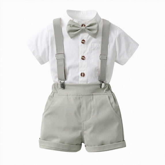 Toddler Boy Summer Wedding Clothes Set with Bowtie Short Sleeve Shirt and Suspender Shorts Baby Outfits