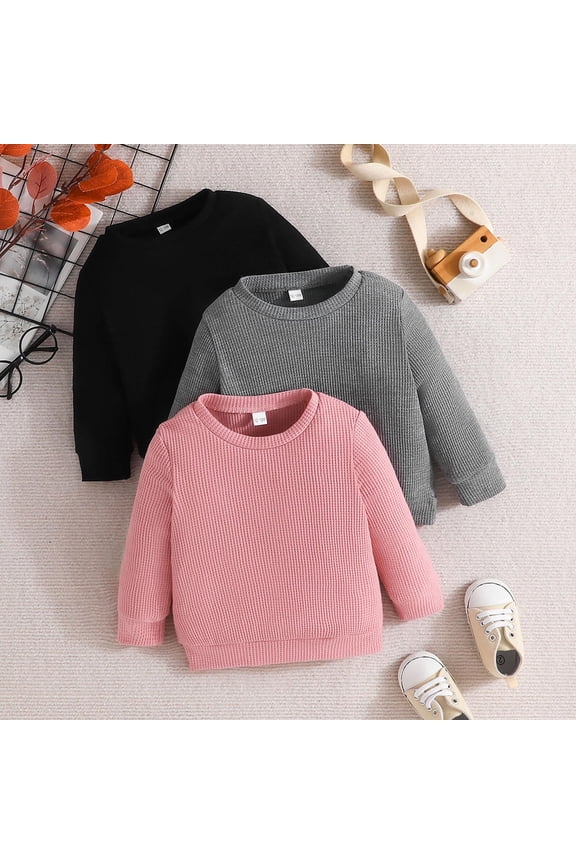 Toddler Boy Sweatshirt Long Sleeve Girls 3PC Waffle Knit Sweatshirt Crewneck Pullover Casual Sport Sweatshirts Fall Clothes Toddler Girls Clothes 1-2 Years