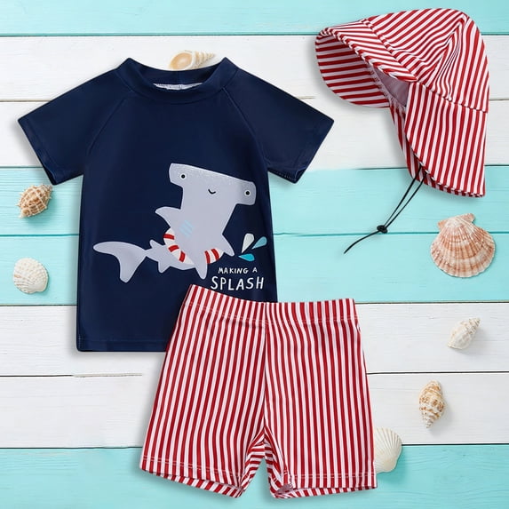 Toddler Boy Swimsuit Baby Boys Three Piece Rash Guard Set with Hat Bathing Suits for Girls Red 0-6 Months
