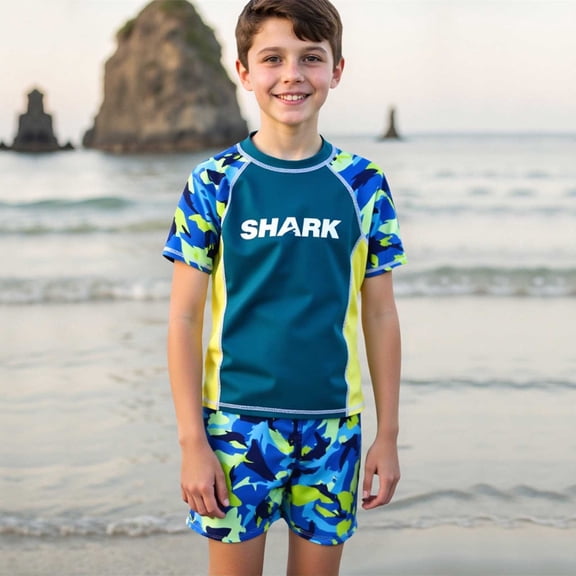Toddler Boy Swimsuit Beachwear Boys Two Piece Short Sleeve Rash Guard Swim Trunks Set Quick Dry Sun Safe Outfit for Kids Seaside and Hot Spring Vacation Trips Blue 10Y