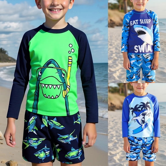 Toddler Boy Swimsuit Blue Toddler Boy Swimsuit Boys Swim Set 2 Piece Long Sleeve Boys Swimming Shirt Trunks Rash Guard Bathing Suits