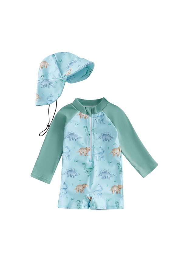 Toddler Boy Swimsuit Cartoon Print Long Sleeve Rash Guard 1 Piece with Swim Cap for Kids Beach Pool Light Green 6 Months-12 Months