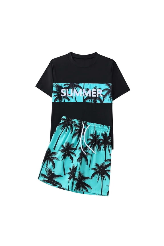 Toddler Boy Swimsuit Coconut Tree Print 2 Piece Quick Dry Swim Shirt and Beach Shorts Set for Summer Kids Black 8 Years-9 Years