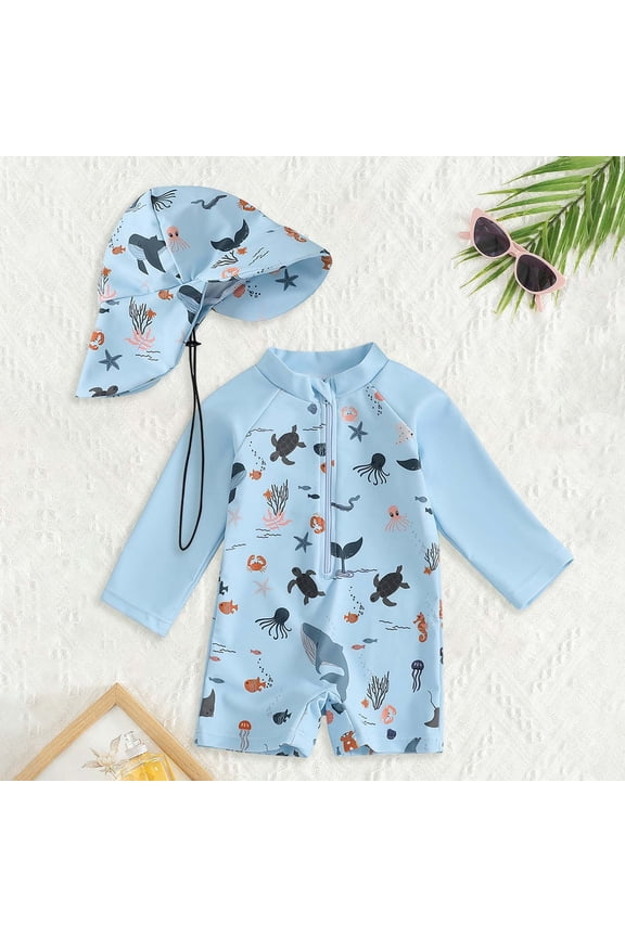Toddler Boy Swimsuit Infant Boys Ocean Animal Print Long Sleeve One Piece with Hat Boys Bathing Suit Light Blue 70