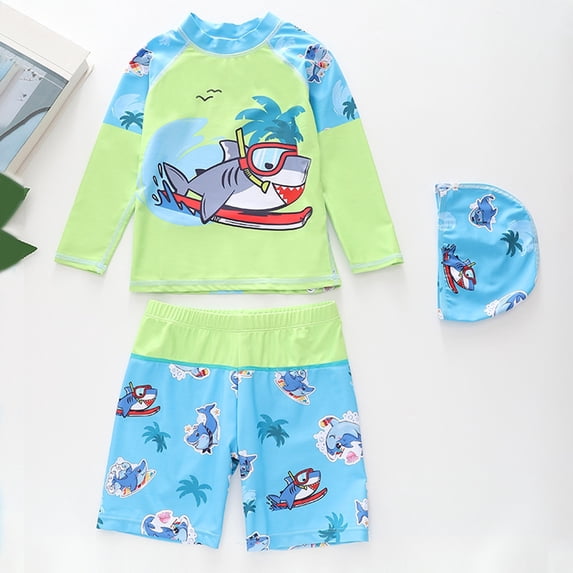 Toddler Boy Swimsuit Kids Boys Long Sleeve Rash Guard Two Piece with Cap Baby Boy Bathing Suit Green 2-3 Years