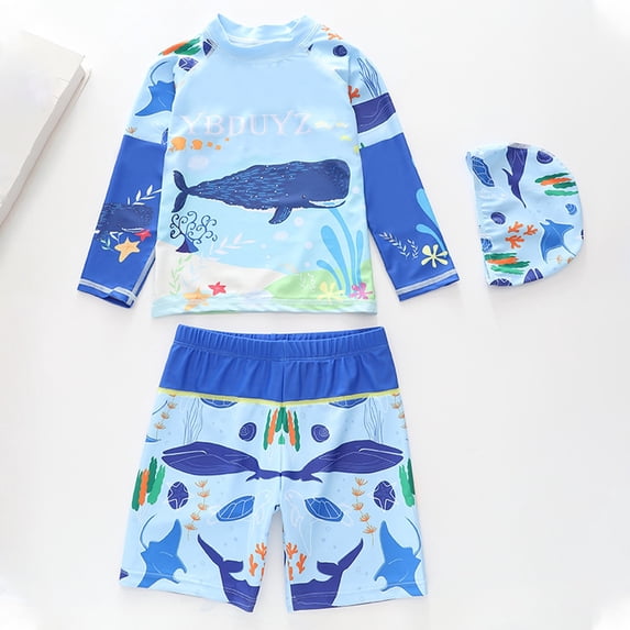 Toddler Boy Swimsuit Kids Boys Long Sleeve Rash Guard Two Piece with Cap Bathing Suits for Girls Blue4 3-4 Years