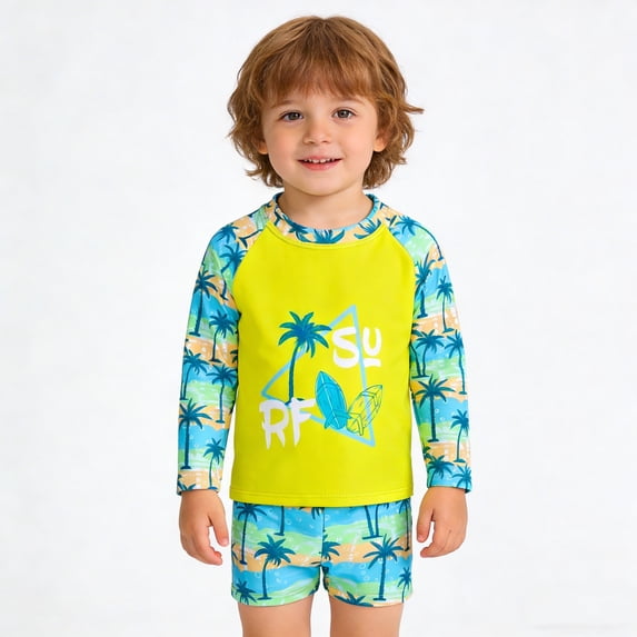 Toddler Boy Swimsuit Kids Tropical Palm Print Long Sleeve Swim Shirt and Shorts 2 Piece Sun Set Multicolour 9-12 Months