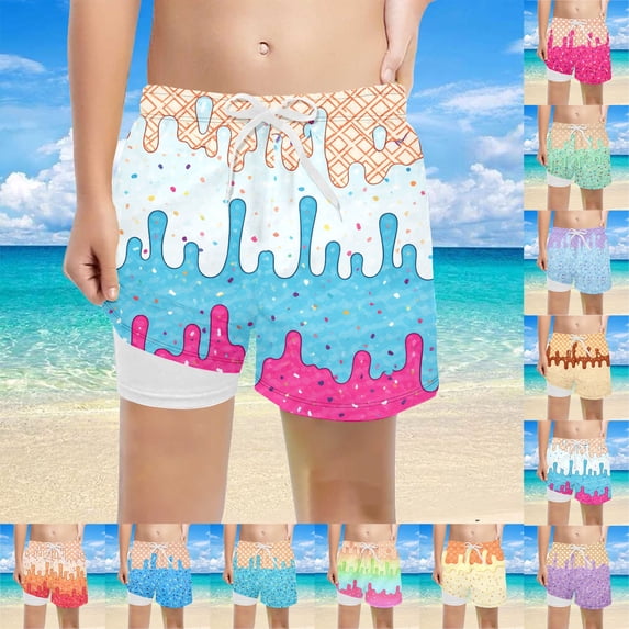 Toddler Boy Swimsuit Size 2-3Y Kids Swim Trunks Ice Cream Plaid Print Breathable Drawstring Anti Chafe Liner Fit Boys Bathing Suit