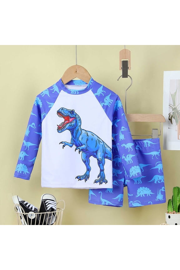Toddler Boy Swimsuit Size 4-5Y T Rex Print Long Sleeve Round Neck Swimsuit Top and Swim Bottoms 2 Piece Toddler Bathing Suit Boy