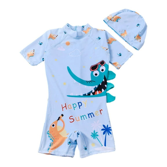 Toddler Boy Swimsuit Summer Beach Rash Guard Short Sleeve Cartoon Onesie Swimwear With Sun Hat Baby Boy Bathing Suit Sky Blue 4-5 Years