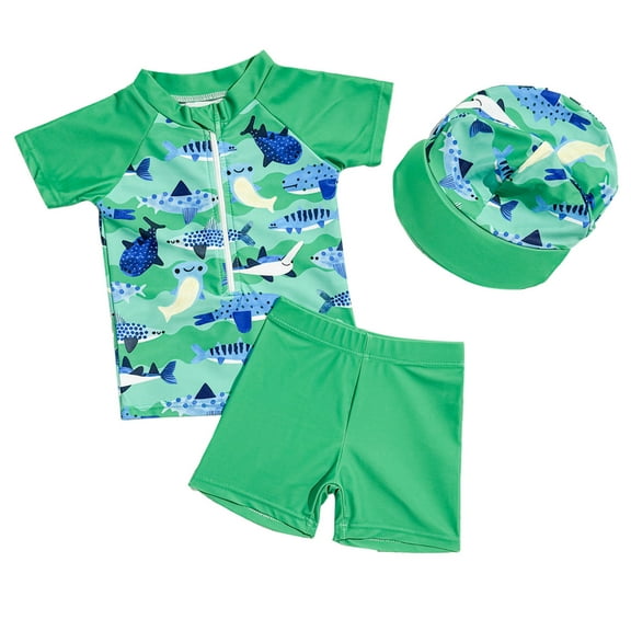 Toddler Boy Swimsuit Toddler Shark Whale Print Swimsuit Boys Short Sleeve Rash Guard Bathing Suits 3Pcs Outfit Toddler Bathing Suit Green 12 Months-18 Months