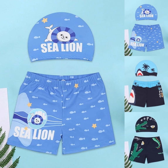 Toddler Boy Swimsuit Youth Two Piece Swim Set Cartoon Animal Print Trunks with Cap Comfort Fit Boys Swim Set Light Blue 2-3Y
