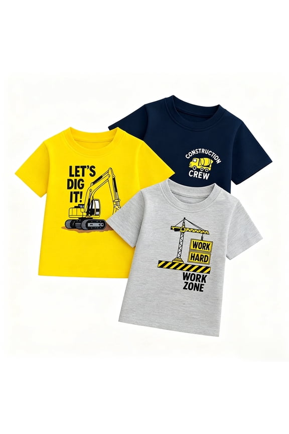 2-7T Toddler/Little Boys Yellow/Grey/Navy Construction Trucks 100% Cotton T-Shirt 3-Pack, Size 4T