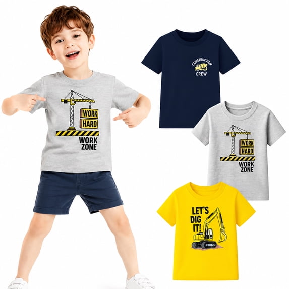 HILEELANG 2-7T Toddler/Little Boys Yellow/Grey/Navy Construction Trucks 100% Cotton T-Shirt 3-Pack, Size 5T