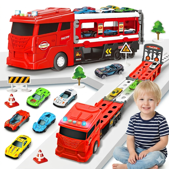 Toddler Boy Toys for 2 3 4 5 6 Years Old Boy Gifts: 45 Inches Race Track for Boys Kids Die-Cast Transport Truck Car Toy, Toddler Car Toys Set for Kids Boys