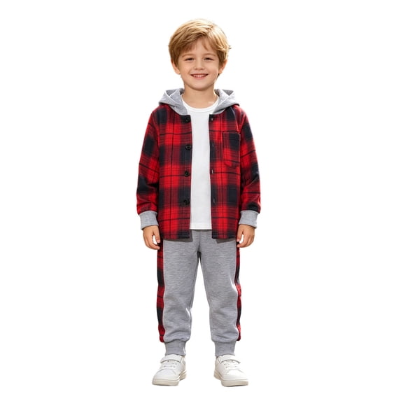 Toddler Boy Trendy Plaid Shacket and Joggers Set 2 Piece Pullover Hooded Jacket and Pants Set Hip Hop Style 3-7 Years