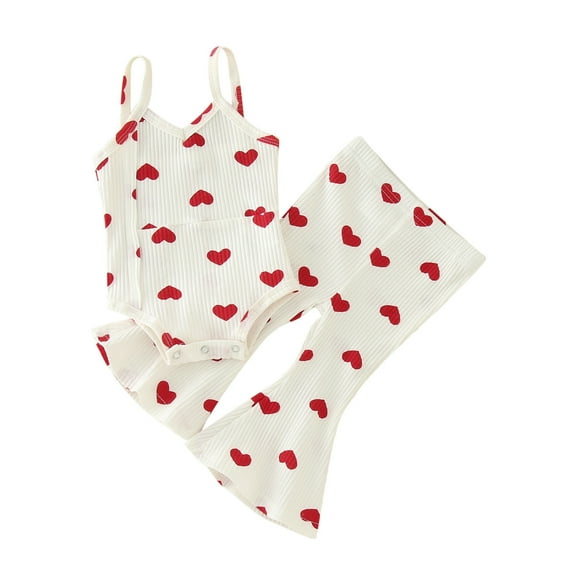 Toddler Boy Valentines Day Outfit Love Heart Print Long Sleeve Bubble Romper Top Bell Bottom Pant 2pc Set Baby Clothes for Baby Girls Boys 12-18 Months