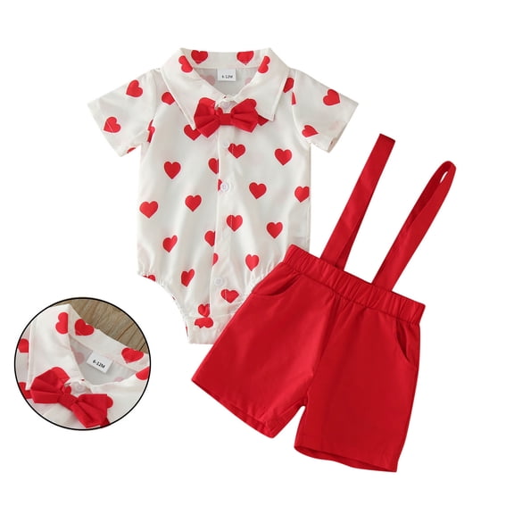 Toddler Boy Valentines Day Outfit Short Sleeve Heart Print Button Down Shirts Bodysuit and Suspender Pants Set Cute Baby Boy Outfits Boy Outfit 6-12 Months