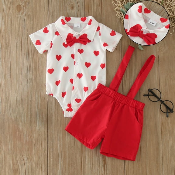 Toddler Boy Valentines Day Outfit Short Sleeve Heart Print Button Down Shirts Bodysuit and Suspender Pants Set Cute Boy Outfits Baby Boy Outfit 12-18 Months
