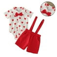 thumbnail image 1 of Toddler Boy Valentines Day Outfit Short Sleeve Heart Print Button Down Shirts Bodysuit and Suspender Pants Set Cute Boy Outfits Boys 12-18 Months Outfits, 1 of 5