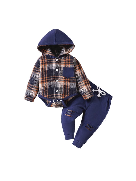 Toddler Boy Winter Clothes Baby Boy Plaid Hoodie Romper Solid Pants Fall Winter 0 3 6 9 12 18 Months Clothes for Boy Fall Winter